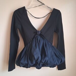 Zara Black Navy Blue Bubble Hem Rose Bow V-Neck Long Sleeve Top M  1014‎ 808 030
